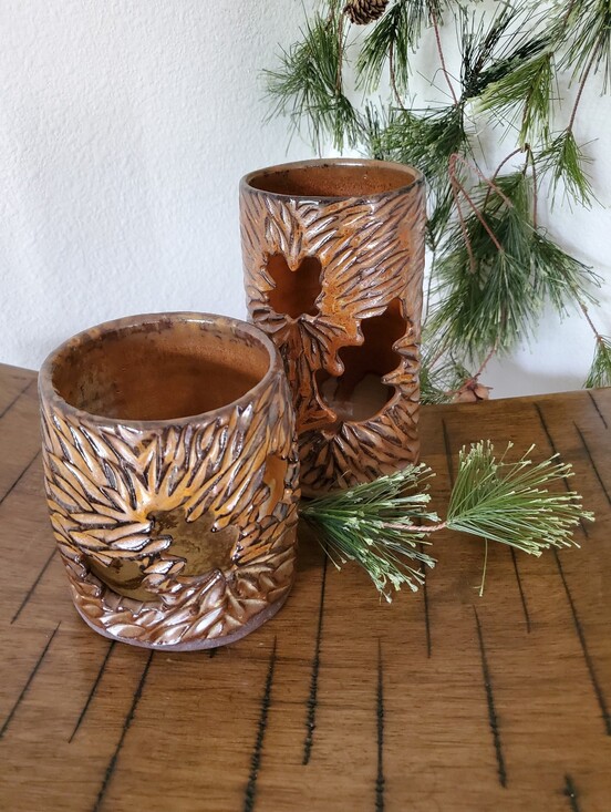 Hand Crafted Other - Artisan Stoneware Votive Lanterns with Autumn Maple Leaf Cutouts Set Of 2